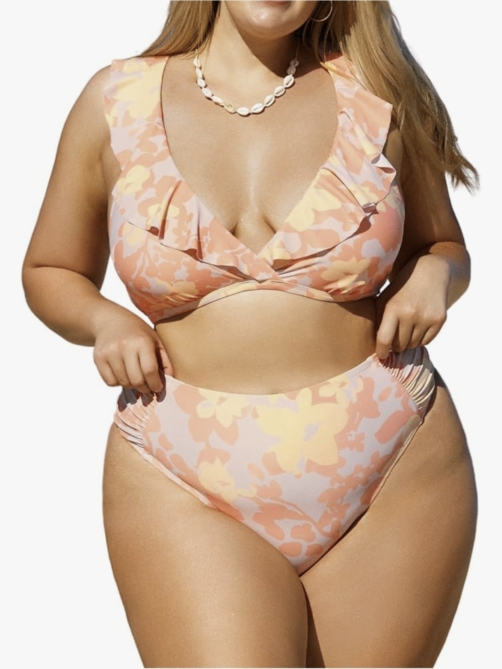 Cupshe Peach Floral Ruffle V-Neck Bikini Set Size 0X New